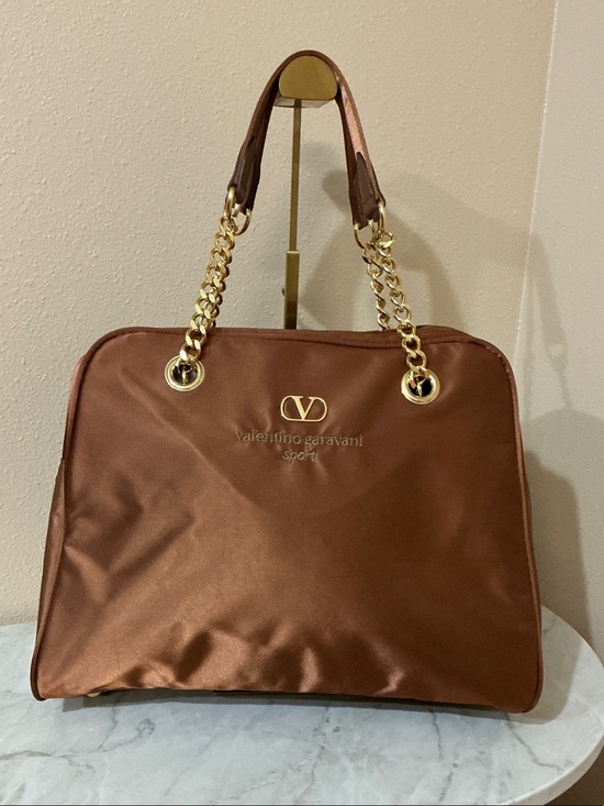 Valentino Garavani Handbags - Valentino Garavani Brown Satin Shoulder Bag With Gold Chain Handles (COA) Inc.
